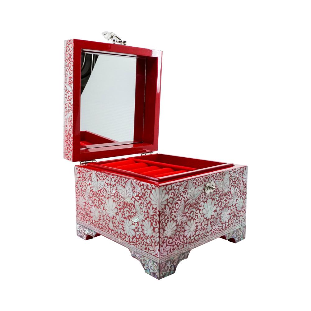 Nacre Inlay Mother of Pearl Storage Chest Wooden Box Crane with Pin Tree Design Jewelry Mirror Box